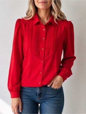 Vintage KANGA Red Blouse Women’s Size 12 Pleated Front Long Sleeve Button Up
